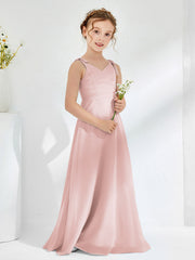 Robes de Demoiselle d'Honneur Junior Froncée à Col en V Longueur au Sol Rose Poudré