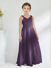 Robes de Demoiselle d'Honneur Junior Froncée à Col en V Longueur au Sol Plum
