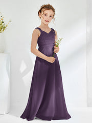 Robes de Demoiselle d'Honneur Junior Froncée à Col en V Longueur au Sol Plum