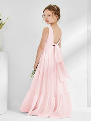 Robes de Demoiselle d'Honneur Junior en Mousseline Sans Manches avec Nœud Rose Pâle