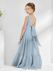Robes de Demoiselle d'Honneur Junior en Mousseline Sans Manches avec Nœud Bleu Poudré
