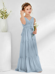Robes de Demoiselle d'Honneur Junior en Mousseline Sans Manches avec Nœud Bleu Poudré