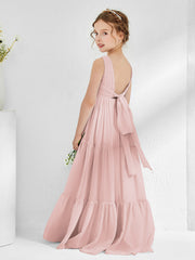 Robes de Demoiselle d'Honneur Junior en Mousseline Sans Manches avec Nœud Rose Poudré
