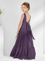 Robes de Demoiselle d'Honneur Junior en Mousseline Sans Manches avec Nœud Plum