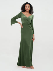 Robes Longues en Velours Sirène à Col en V avec Manches Olive Verte Grande Taille