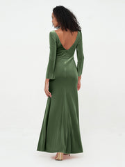 Robes Longues en Velours Sirène à Col en V avec Manches Olive Verte