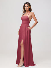 Robe en chiffon A-line à encolure carrée avec fente Cannelle Rose