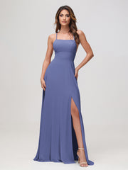 Robe en chiffon A-line à encolure carrée avec fente Pervenche