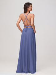 Robe en chiffon A-line à encolure carrée avec fente Pervenche