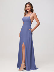 Robe en chiffon A-line à encolure carrée avec fente Pervenche