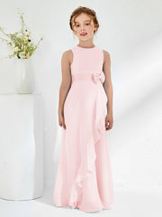Robes de Demoiselle d'Honneur Junior à Col en Bateau avec Volants Rose Pâle