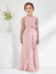 Robes de Demoiselle d'Honneur Junior à Col en Bateau avec Volants Rose Poudré