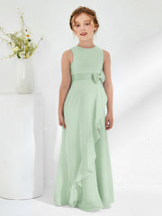 Robes de Demoiselle d'Honneur Junior à Col en Bateau avec Volants Sauge Poudrée