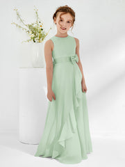 Robes de Demoiselle d'Honneur Junior à Col en Bateau avec Volants Sauge Poudrée