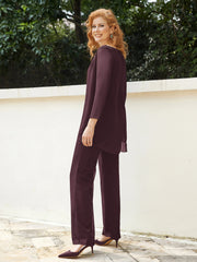 Pantsuit Perlé en Mousseline à Col en Scoop Longueur au Sol Cabernet