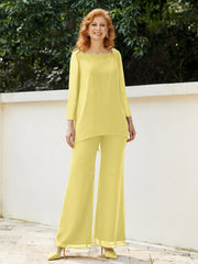 Pantsuit Perlé en Mousseline à Col en Scoop Longueur au Sol Jonquille