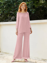 Pantsuit Perlé en Mousseline à Col en Scoop Longueur au Sol Rose Poudré