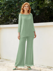 Pantsuit Perlé en Mousseline à Col en Scoop Longueur au Sol Sauge Poudrée Grande Taille