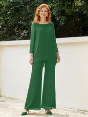 Pantsuit Perlé en Mousseline à Col en Scoop Longueur au Sol Emeraude