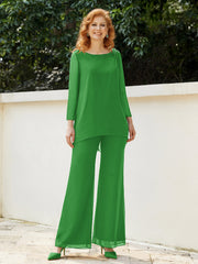 Pantsuit Perlé en Mousseline à Col en Scoop Longueur au Sol Vert