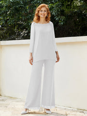 Pantsuit Perlé en Mousseline à Col en Scoop Longueur au Sol Ivoire