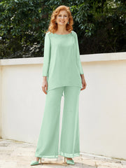 Pantsuit Perlé en Mousseline à Col en Scoop Longueur au Sol Vert Menthe