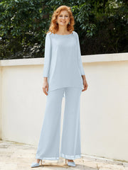 Pantsuit Perlé en Mousseline à Col en Scoop Longueur au Sol Brume