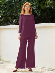 Pantsuit Perlé en Mousseline à Col en Scoop Longueur au Sol Mûre