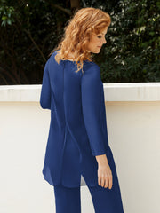 Pantsuit Perlé en Mousseline à Col en Scoop Longueur au Sol Bleu Marine Clair Grande Taille