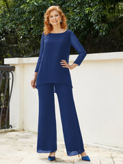 Pantsuit Perlé en Mousseline à Col en Scoop Longueur au Sol Bleu Marine Clair