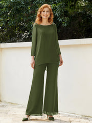 Pantsuit Perlé en Mousseline à Col en Scoop Longueur au Sol Olive Verte