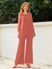 Pantsuit Perlé en Mousseline à Col en Scoop Longueur au Sol Papaye