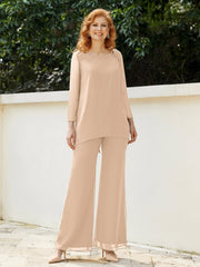 Pantsuit Perlé en Mousseline à Col en Scoop Longueur au Sol Pêche