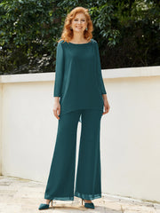 Pantsuit Perlé en Mousseline à Col en Scoop Longueur au Sol Paon