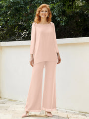 Pantsuit Perlé en Mousseline à Col en Scoop Longueur au Sol Rose Perle