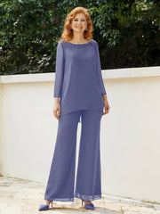 Pantsuit Perlé en Mousseline à Col en Scoop Longueur au Sol Pervenche