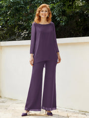 Pantsuit Perlé en Mousseline à Col en Scoop Longueur au Sol Plum