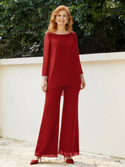 Pantsuit Perlé en Mousseline à Col en Scoop Longueur au Sol Rouge