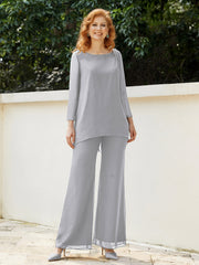 Pantsuit Perlé en Mousseline à Col en Scoop Longueur au Sol Argent Grande Taille