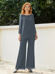 Pantsuit Perlé en Mousseline à Col en Scoop Longueur au Sol Bleu de Schiste