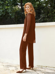 Pantsuit Perlé en Mousseline à Col en Scoop Longueur au Sol Terracotta