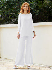 Pantsuit Perlé en Mousseline à Col en Scoop Longueur au Sol Blanc