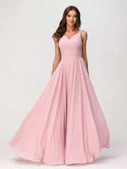 Col en V Mousseline Robe Longue avec Nœud Rose Poudré