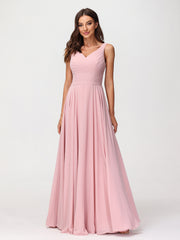 Col en V Mousseline Robe Longue avec Nœud Rose Poudré
