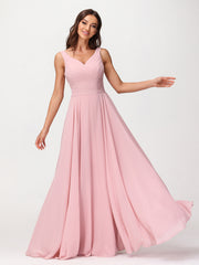 Col en V Mousseline Robe Longue avec Nœud Rose Poudré Grande Taille