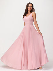 Col en V Mousseline Robe Longue avec Nœud Rose Poudré