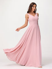 Col en V Mousseline Robe Longue avec Nœud Rose Poudré Grande Taille