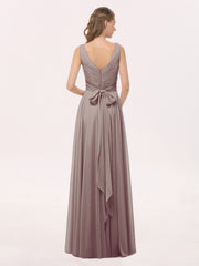 Col en V Mousseline Robe Longue avec Nœud Dusk