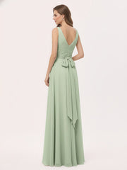 Col en V Mousseline Robe Longue avec Nœud Sauge Poudrée