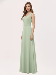 Col en V Mousseline Robe Longue avec Nœud Sauge Poudrée